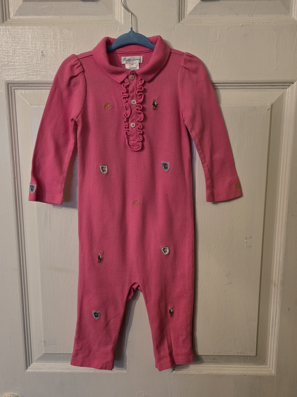 Ralph Lauren Pink Ruffle-Front Embroidered Footie One-Piece